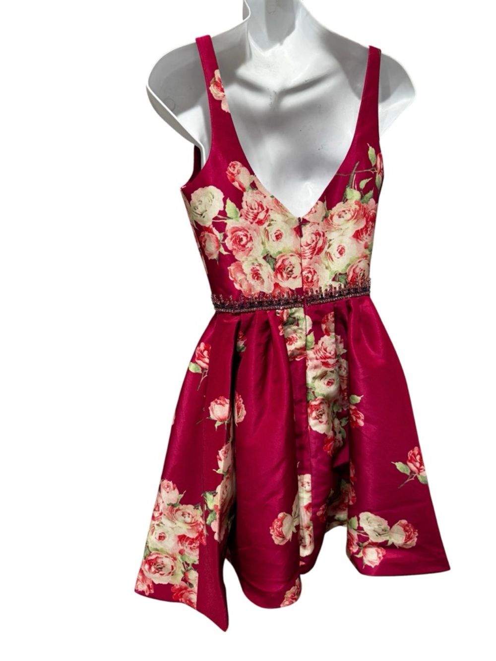 Sherri Hill Magenta Floral Plunge Satin Party Dress - Picture 5 of 12